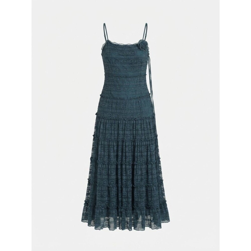 Max Studio Blue Lace Slip Dress S Tiered Ruffle Midi Maxi Floral Rose Grunge Y2K